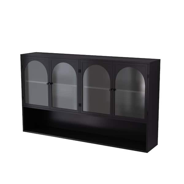 47.25 in. 4-door Glass Wall Cabinet Storage, Wall-mounted, Suitable for Kitchen, Living Room, Bathroom(Black)