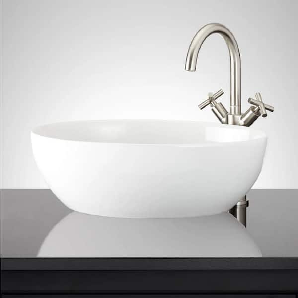SIGNATURE HARDWARE Mattison White Fireclay Oval Vessel Sink with No Additional Items Included