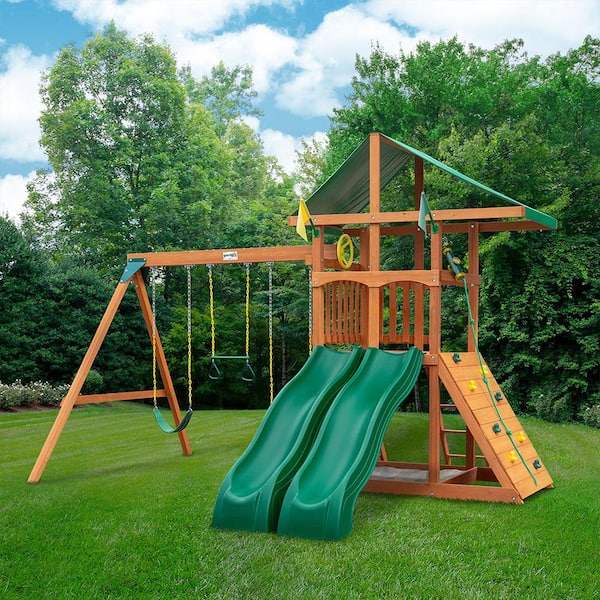 Gorilla Playsets DIY Outing III Wooden Outdoor Playset with Canopy Roof, 2 Wave Slides, Rock Wall, and Backyard Swing Set Accessories