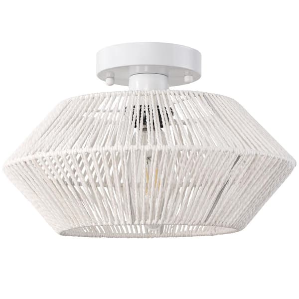 Unbranded 12.79 in. 1-Light White Canopy Bohemian Rattan Semi Flush Mount Ceiling Light for Dining Room Foyer Kitchen Bedroom