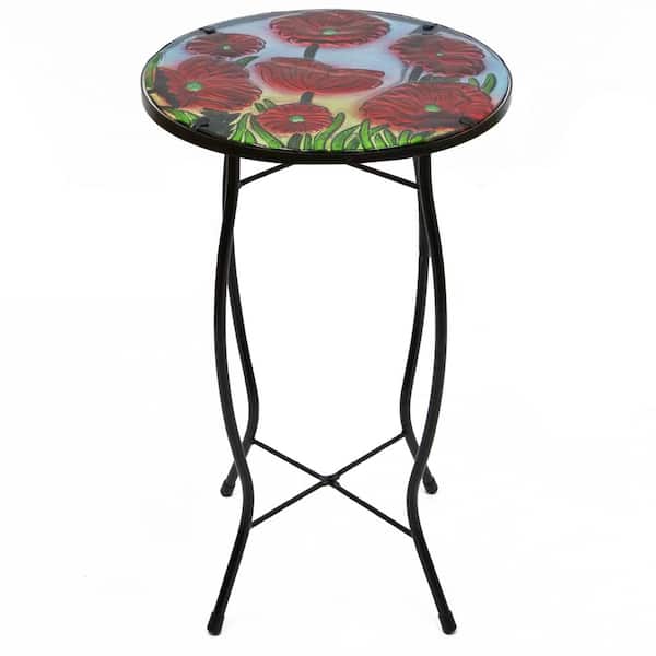 19 in. Red Floral Poppies Glass Patio Side Table