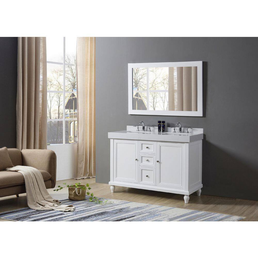 48-Inch White Wood Double Sink Vanity with Marble Top and Mirror