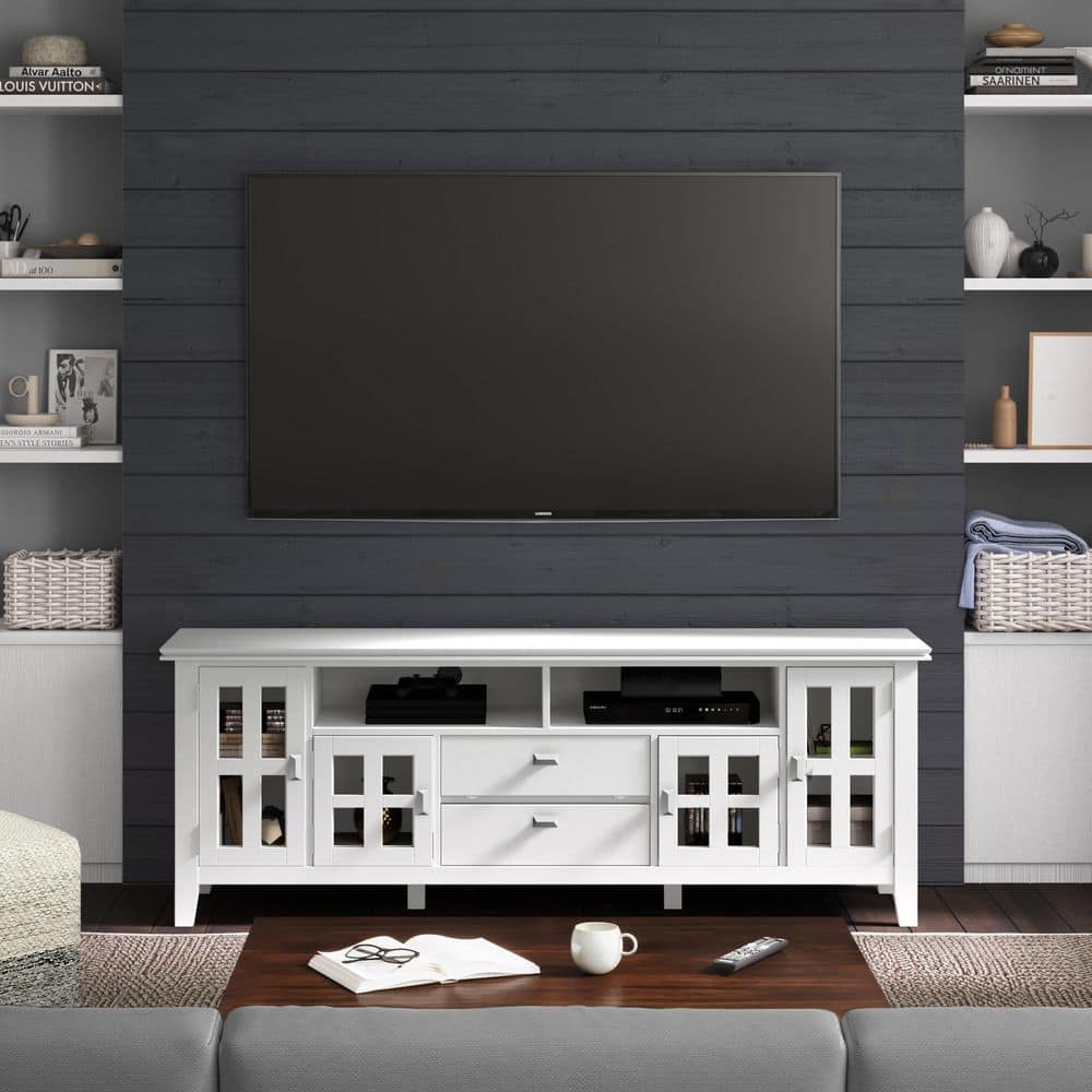 White Solid Wood 72 Inch TV Media Stand with Cabinets