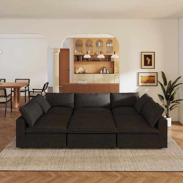118 in. Modular Black Linen Rubber Wood Queen Size 5-Seat Sleeper Cloud Sofa Bed with Ottoman, Detachable Covers