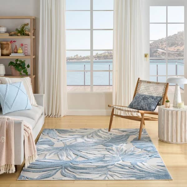 Aloha Ivory Blue 5 ft. x 8 ft. Palmette Contemporary Area Rug