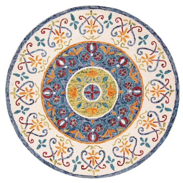 Novelty Blue/Ivory 5 ft. x 5 ft. Round Border Area Rug