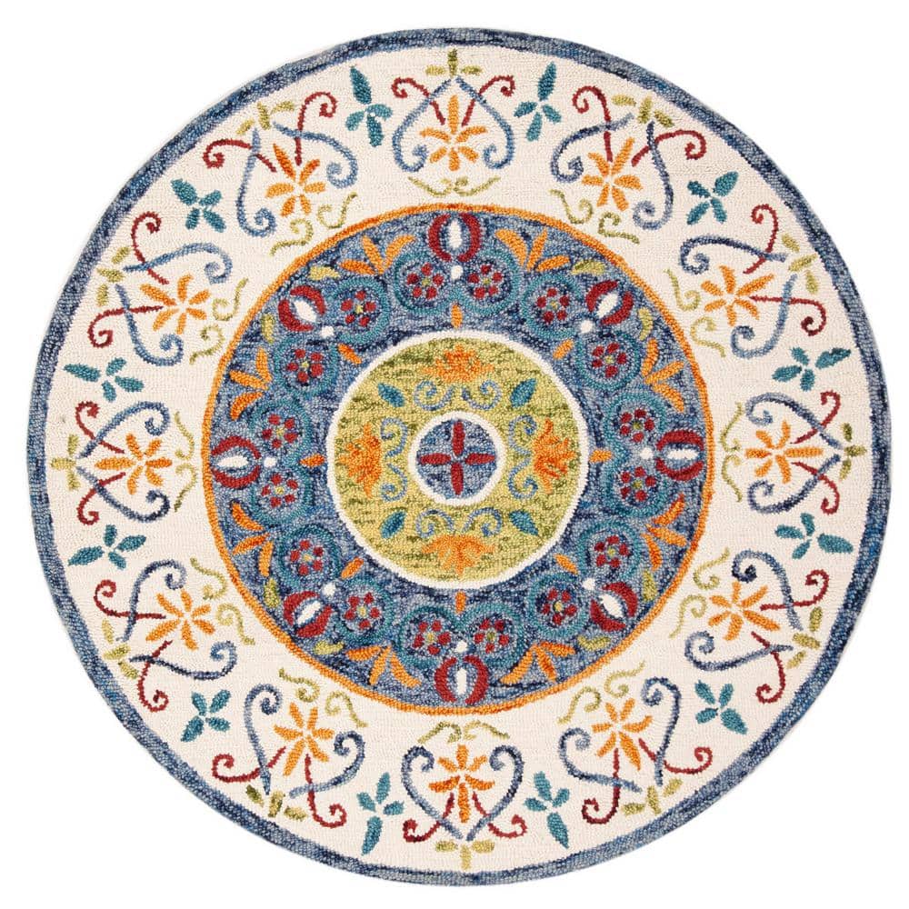 Handmade Blue and Ivory Floral Tufted Wool Round Rug