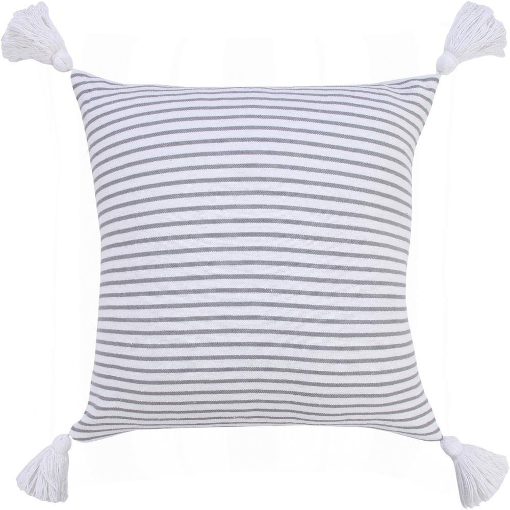 Gray and White Striped Cotton Square Throw Pillow with Tassels