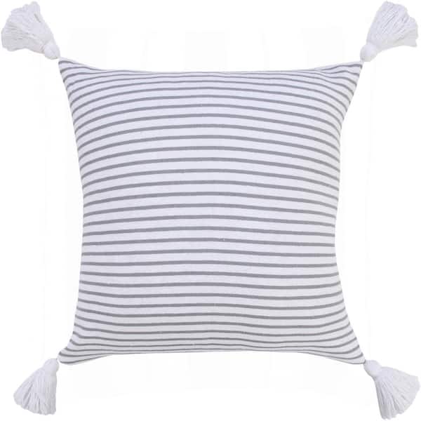LR Home Basic Light Gray / White 20 in. x 20 in. Balanced Striped Indoor Throw Pillow with Tassels