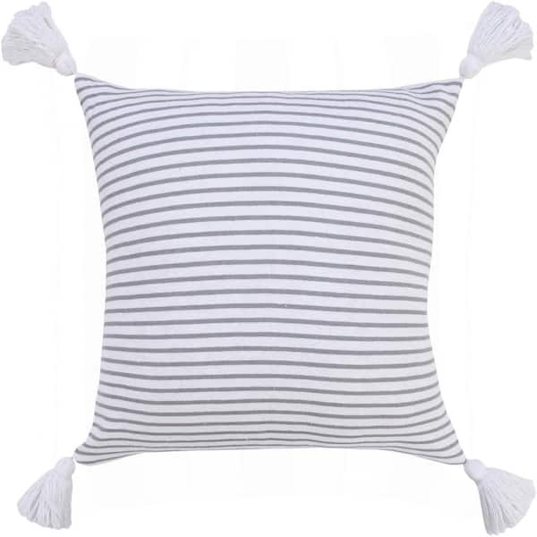 Unbranded Basic Light Gray / White 20 in. x 20 in. Balanced Striped Indoor Throw Pillow with Tassels