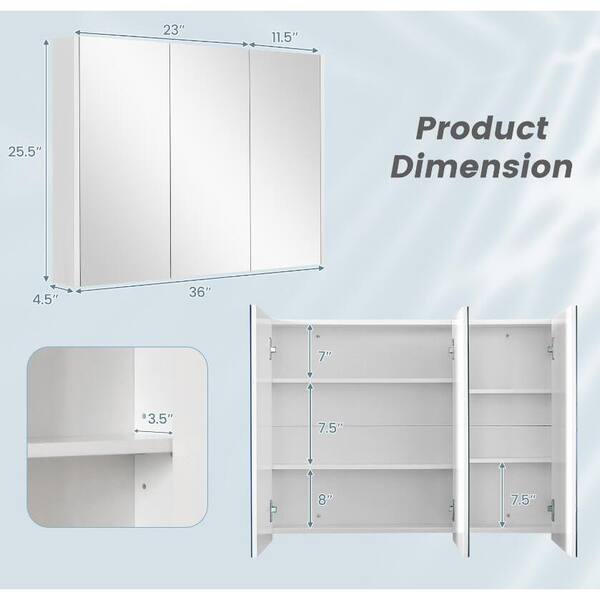 FORCLOVER 3-Door 36 in. W x 25.5 in. H Rectangular White MDF Steel Recessed or Surface Mount Medicine Cabinet with Mirror