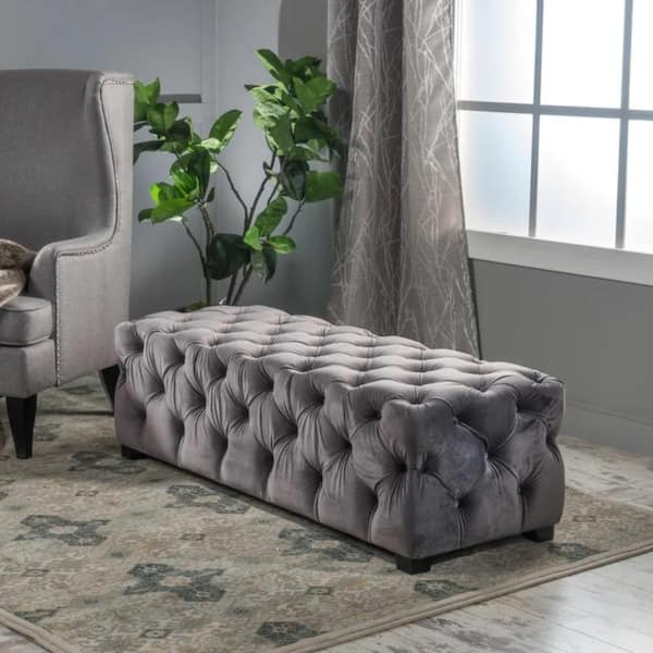 CHRISTOPHER KNIGHT HOME Gray 50.75 in. Velvet Button-Tufted Bedroom Bench with Solid Birch Legs