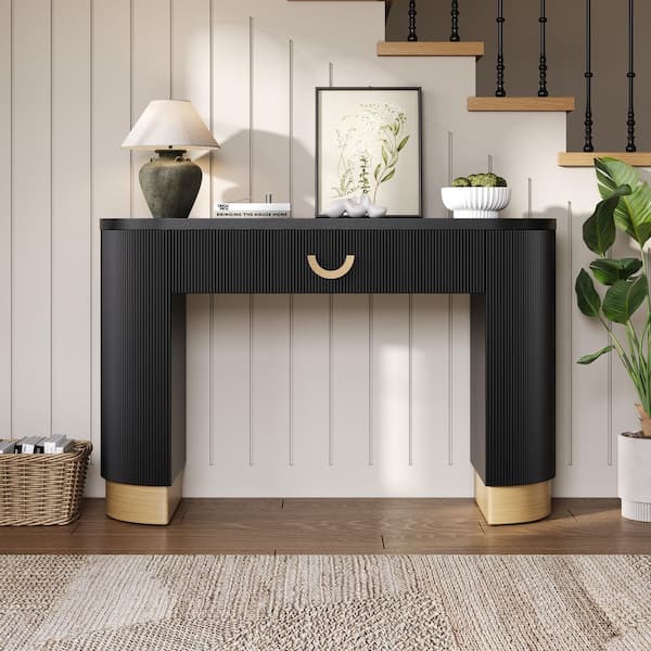 Arcadia Modern 47.8 in. Black Oval MDF Wood Console Table with Vertical Ribbed Design, Drawer