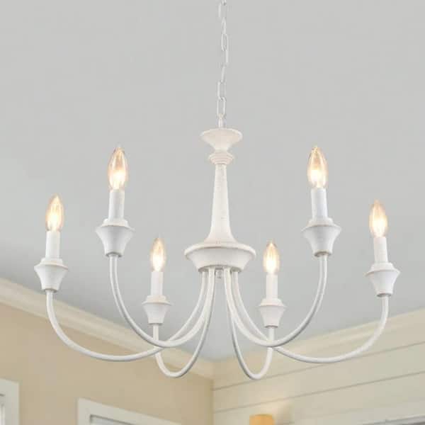 LWYTJO 6-Light Distressed White Dimmable Classic Linear Chandelier for Kitchen Island with No Bulbs Included