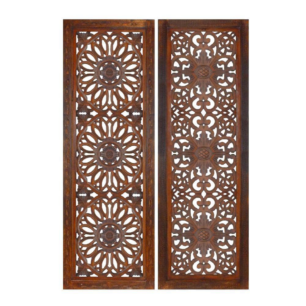 Benjara Burnt Brown 2-Piece Mango Panel Set with Mandallion Carving Wood Wall