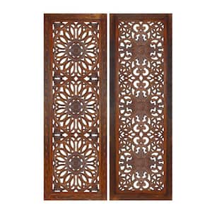 Burnt Brown 2-Piece Mango Panel Set with Mandallion Carving Wood Wall