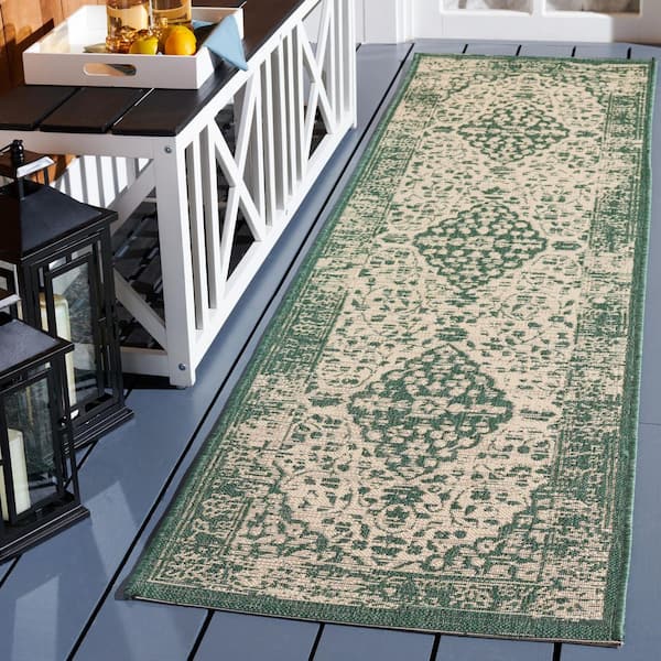 Courtyard Beige/Dark Green 2 ft. x 8 ft. Medallion Floral Border Indoor/Outdoor Runner Rug