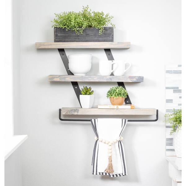 Bestier 41.54 in. W x 9.37 in. D Retro Grey Oak Light 3-Tier Ladder Composite Decorative Wall Shelf with Circular Tube and Hooks