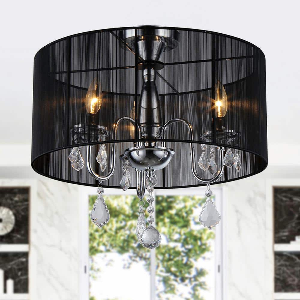 Sleek Chrome Finish 19" Crystal Chandelier with Black Drum Shade
