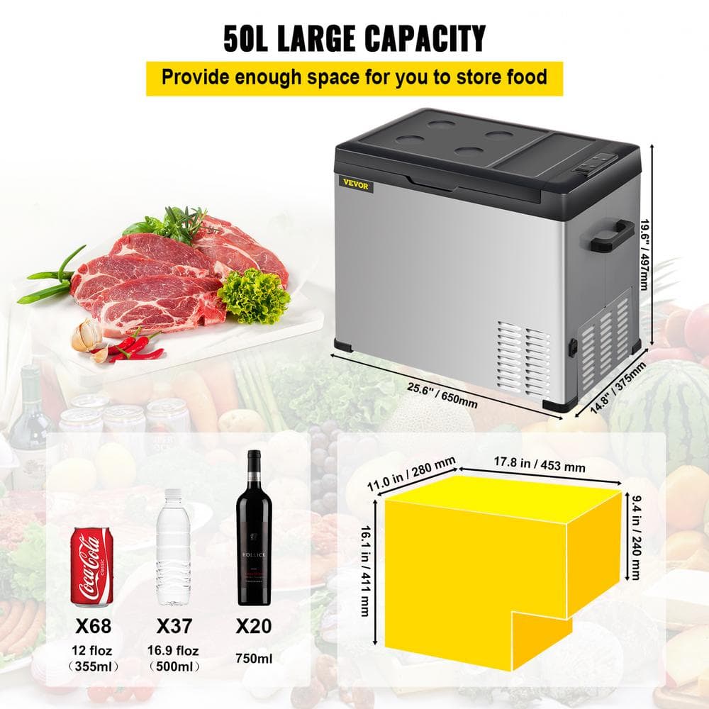 VEVOR 53 Qt Black and Silver Portable Car Refrigerator with App Control
