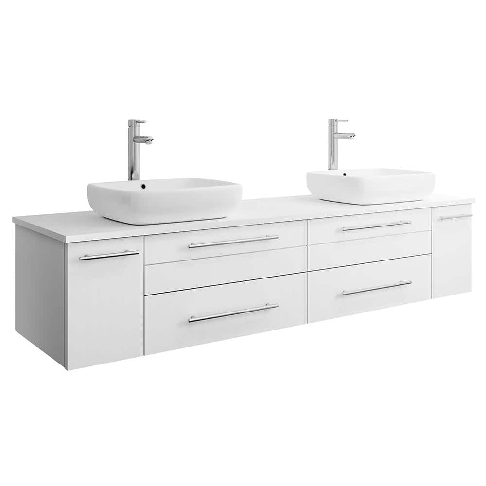 Elegant 72" White Quartz Top Double Vessel Sink Wall-Mount Vanity