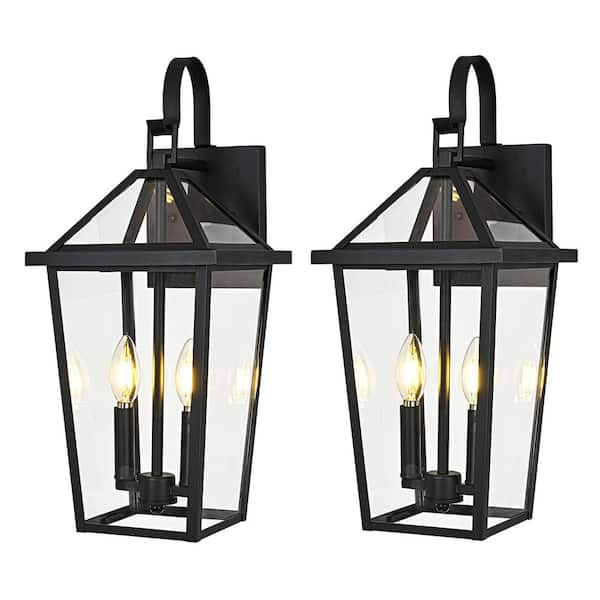 20 in. 2-Light Black Hardwired Outdoor Wall Light Lantern Porch Sconce with Clear Glass Shade, No Bulbs Included, 2-Pack