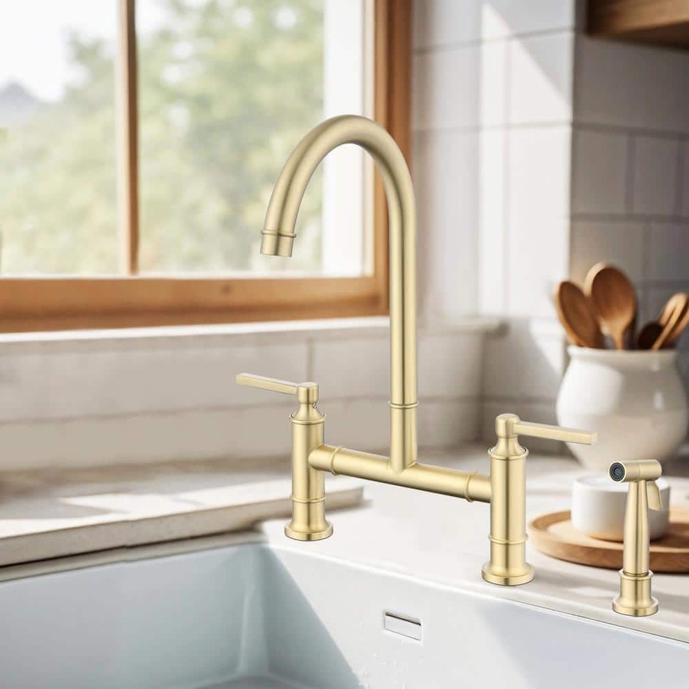 Brushed Gold Stainless Steel Double Handle Bridge Kitchen Faucet
