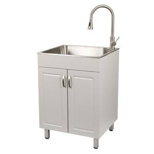 All-in-One Kit 24.09 in. x 21.33 in. Stainless Steel Laundry/Utility Sink with Faucet and Cabinet in Light Grey