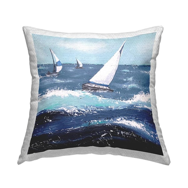 Stupell Industries Rough Sea Waves Sailboats Splash Blue Square Outdoor Throw Pillow