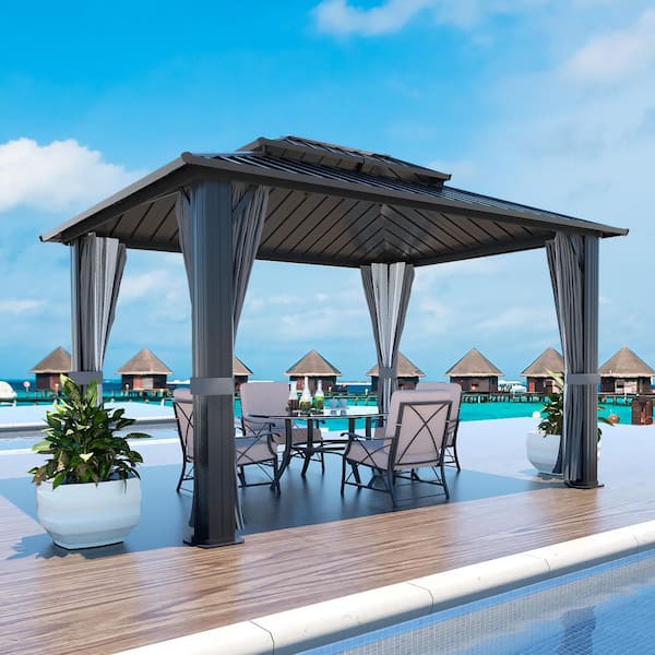 VEIKOUS 12 ft. W x 10 ft. D Aluminum Double Hardtop Gazebo with Galvanized Steel Roof, Curtains and Netting