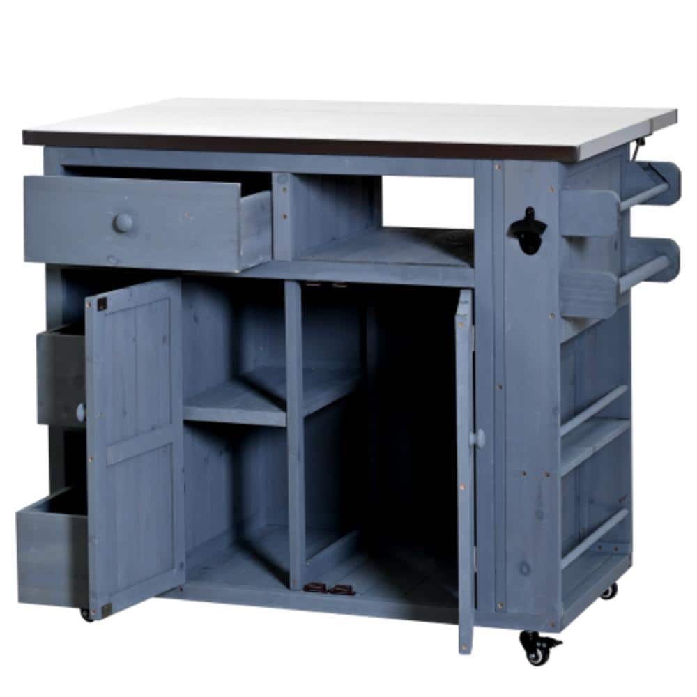 Gray Outdoor Grill Cart, BBQ Kitchen Cart with Stainless Steel Top & Side Spice Rack