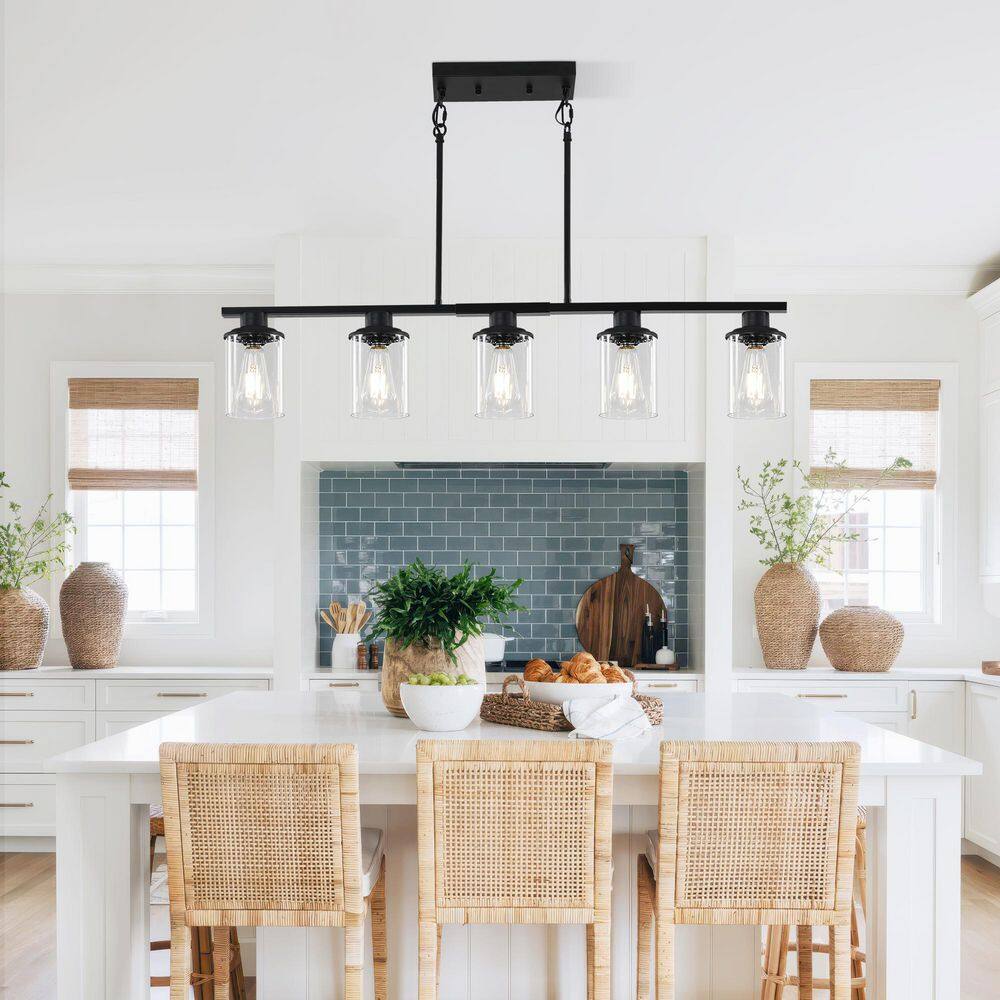 37.4 in. Modern Chandelier 5-Light Black Chandelier For Dining Room or Kitchen with Clear Glass Shade price history on PriceWatchPro