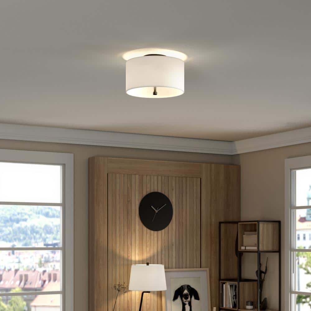Ellis Matte Black 12" Modern Drum Flush Mount with Brass Accents