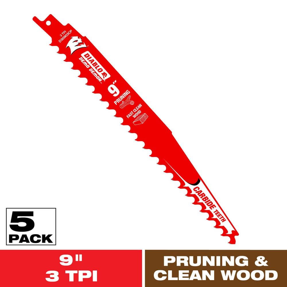 9 in. 3 TPI Demo Carbide Reciprocating Saw Blades for Pruning and Clean Wood Cutting (5-Pack) price history on PriceWatchPro