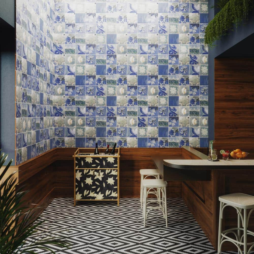 Angela Harris Blue and White Floral Porcelain Wall Tile