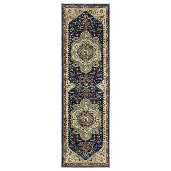 AVERLEY HOME Fleetwood Blue/Beige 2 ft. x 8 ft. Center Oriental Medallion Polypropylene Fringe Edge Indoor Runner Area Rug