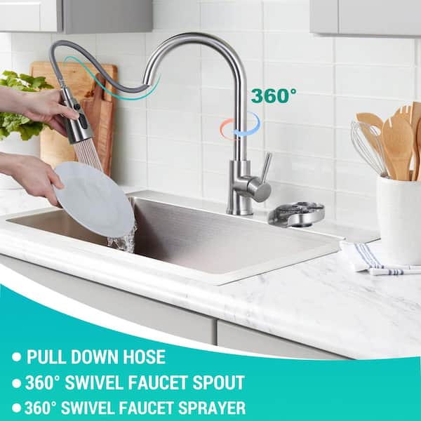 Stainless Steel Single Handle Pull Down Sprayer Kitchen Faucet with 3-Modes Sprayer and Glass Rinser in Brushed Nickel