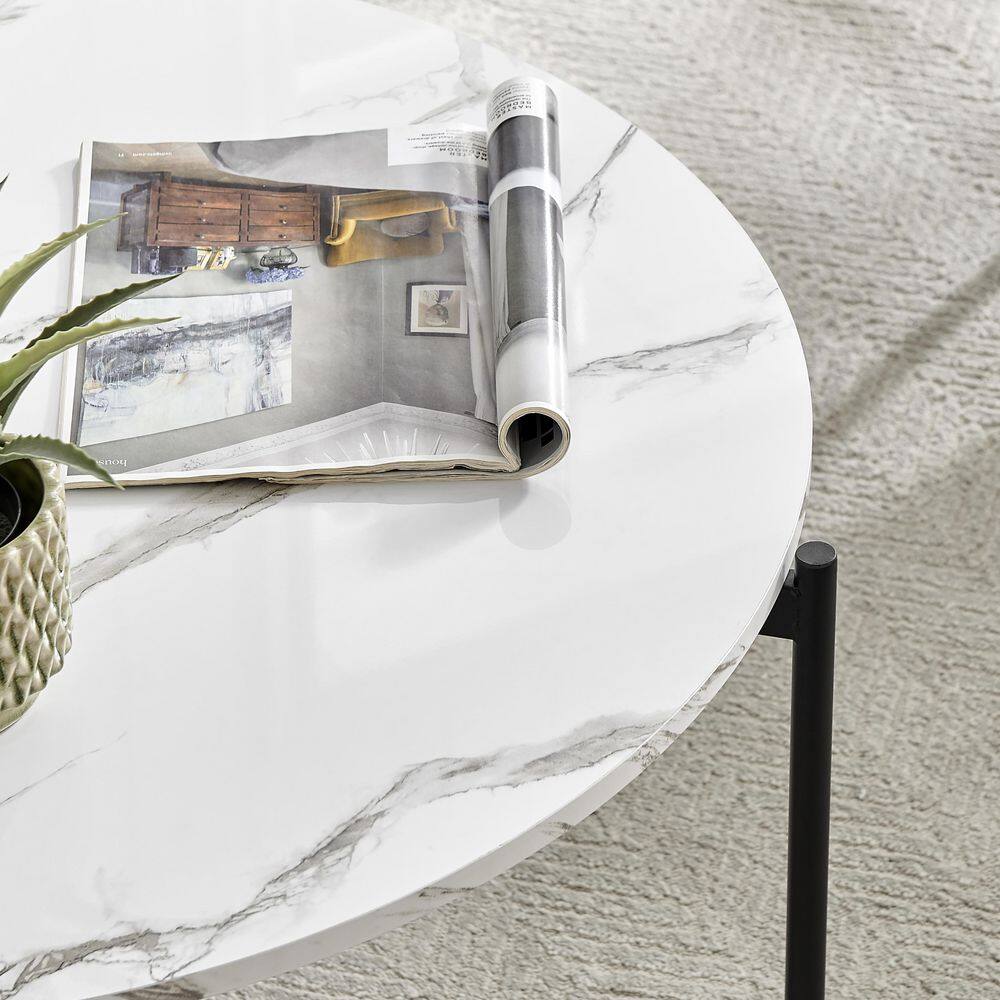 35" Round White Marble Finish Coffee Table with Black Metal Frame
