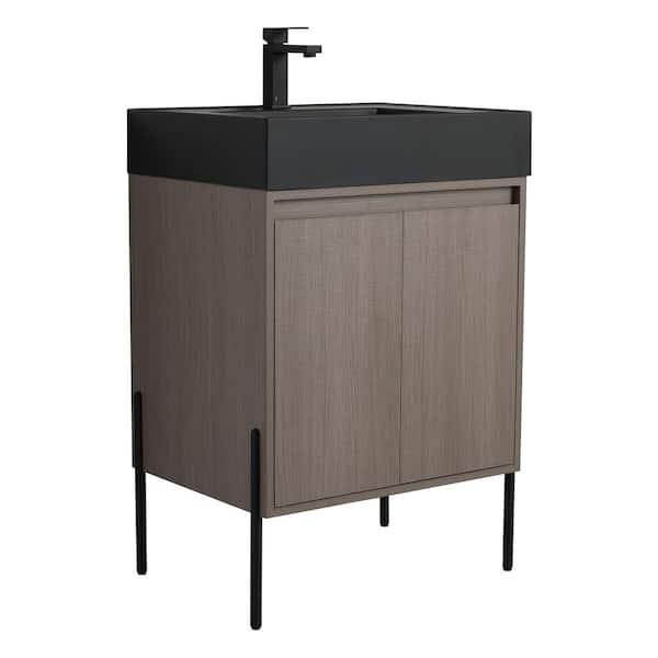 Crownpoint 24 in. Freestanding Single Gray Oak Bathroom Vanity with Black Acrylic Sink Top Unassembled