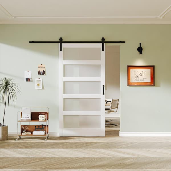 48 in. x 84 in. 5-Equal Lites with Frosted Glass White Sliding Barn Door with Soft Close and Hardware Kit