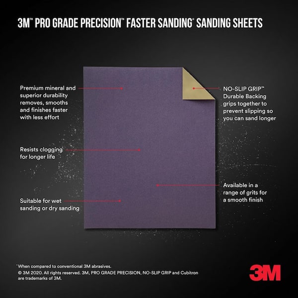 Pro Grade Precision 9 in. x 11 in. 220 Grit Faster Sanding Sheet With No-Slip Grip Backing (3-Pack)
