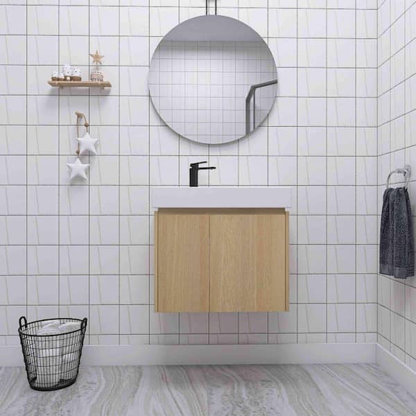 ARTCHIRLY 23.62 in. W x 14.37 in. D x 21.26 in. H Wall Mounted Bathroom Vanity in Light Brown with White Resin Basin Top