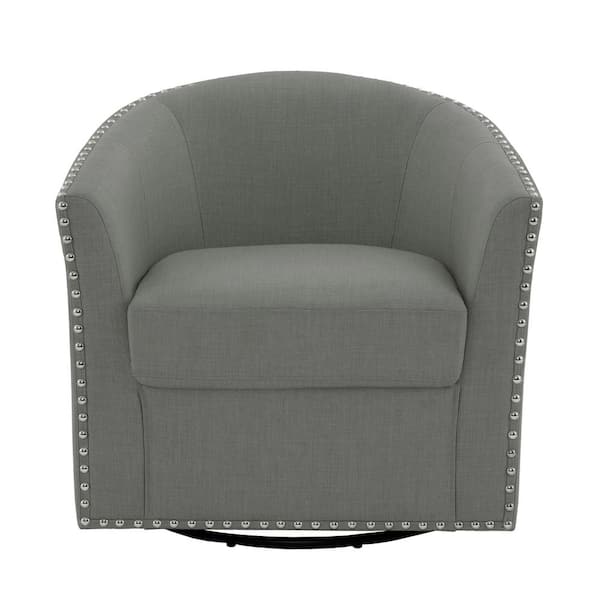 Uixe Comfy Light Gray Linen Nailhead Trim Upholstered Swivel Barrel Arm Chair With Metal Base(Set of 1)