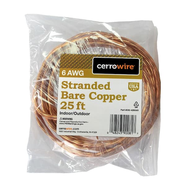 Bare Copper Grounding Wire 25 ft 6-Gauge Solid SD Indoor/Outdoor Pre-Cut Length 
