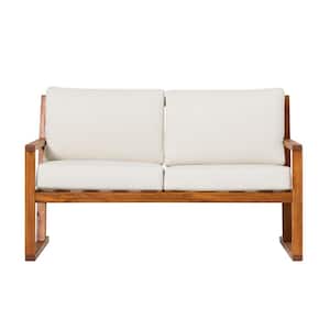 Brown Slatted Wood Modern Outdoor Loveseat with Bisque Cushions