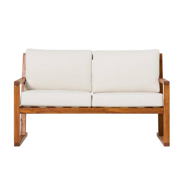 Welwick Designs Brown Slatted Wood Modern Outdoor Loveseat with Bisque ...