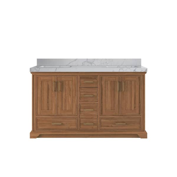 Willow Collections Charlotte Teak 60 in. W x 22 in. D x 36 in. H Double Sink Bath Vanity in Dark Natural with 2 in. Venatino Quartz Top