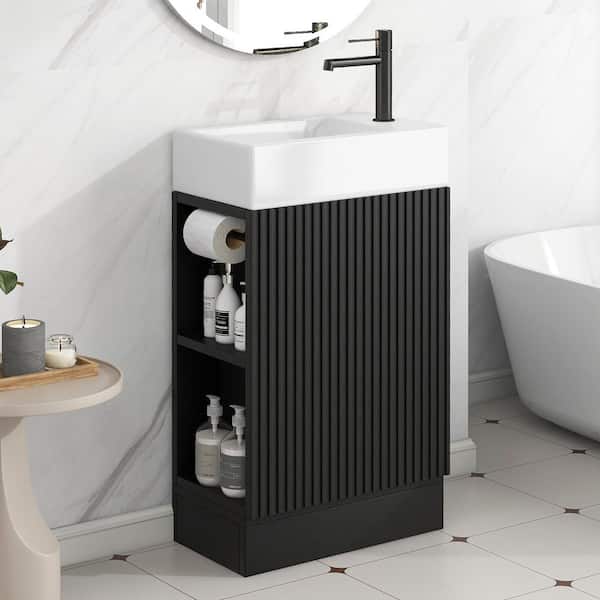 18 in. x 10 in. x 33 in. Freestanding Bathroom Vanity Cabinet in Black with White Caremic Sink Top,Two-tier Shelf