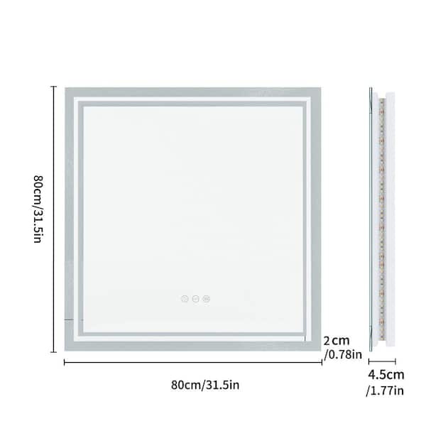 Wisfor 32 in. W x 32 in. H Large Square Frameless Anti-Fog Stepless Dimming Backlit 3 Light Memory Wall Bathroom Vanity Mirror