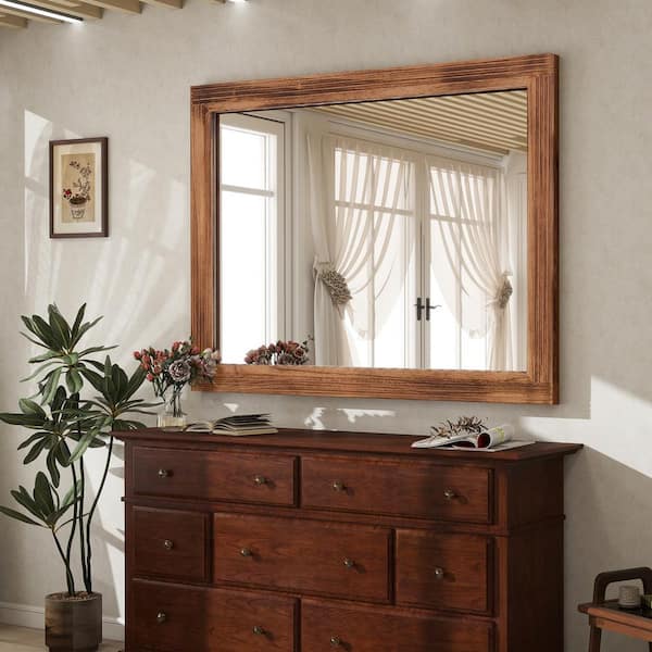 30 in. W x 40 in. H Rectangular Classic Brown Wooden Framed Bathroom Vanity Mirror Wall Mirror